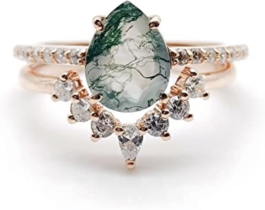 Natural Moss Agate Opal Moissanite Stone Ring Unique For Engagement Wedding