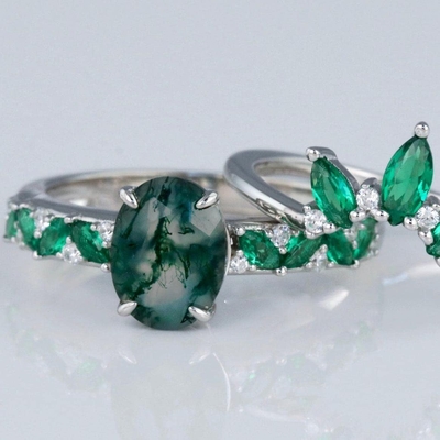 Natural Moss Agate Opal Moissanite Stone Ring Unique For Engagement Wedding