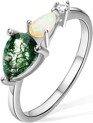 Natural Moss Agate Opal Moissanite Stone Ring Unique For Engagement Wedding