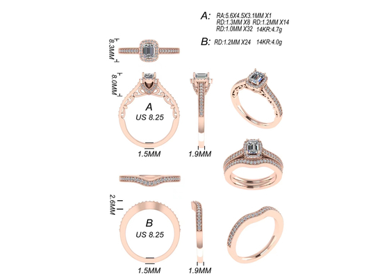 جواهرات طلای جامد 0.8 عیار 14 عیار، ست حلقه نامزدی رزگلد RA5.6×4.5MM